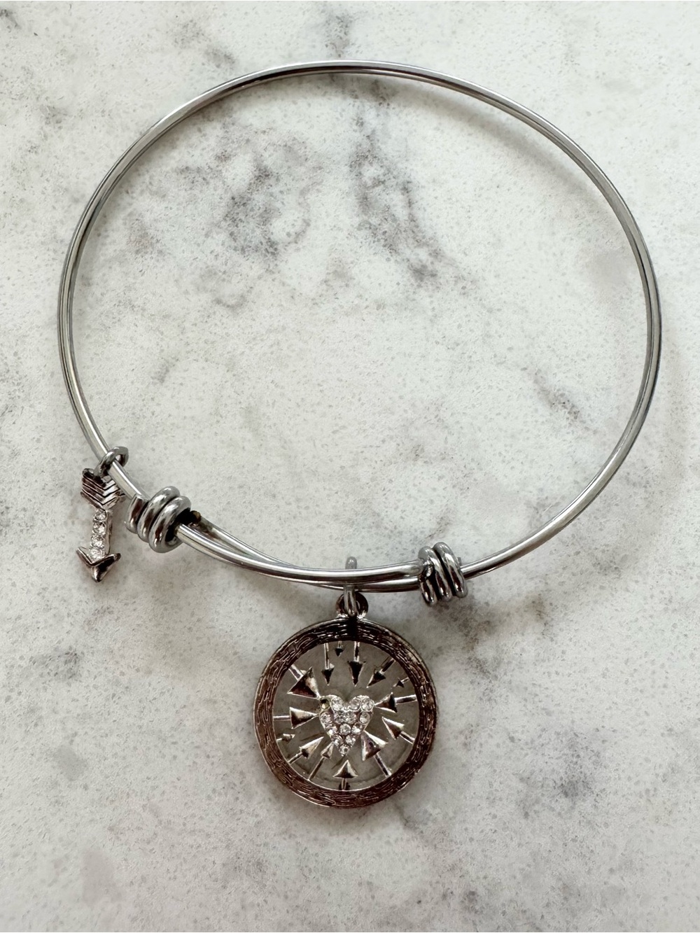 Silver Tone Charm Bangle with Heart & Arrow Charms